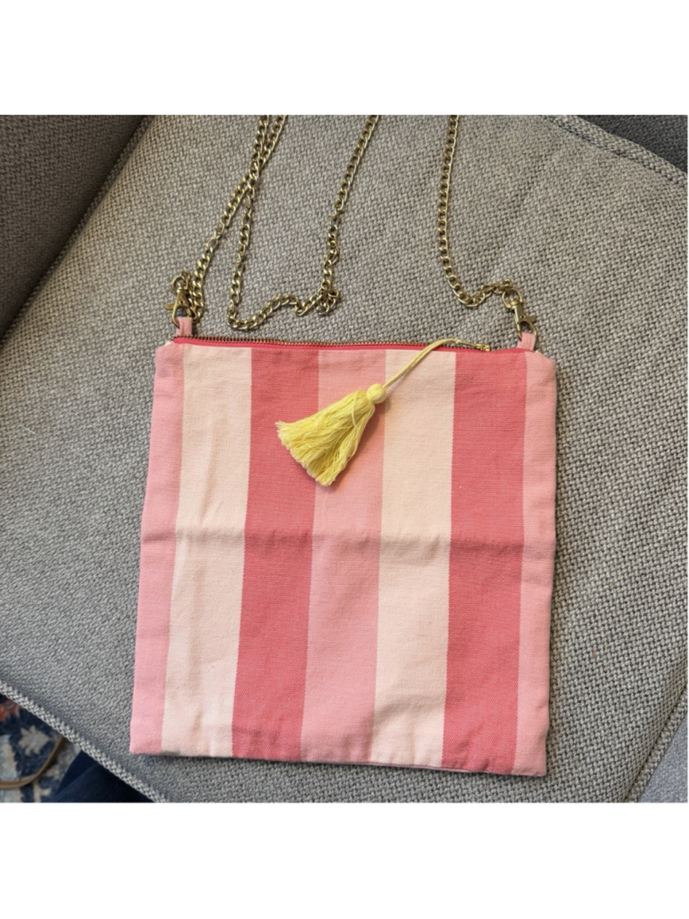 Tribe Alive pink and off-white striped canvas crossbody bag with gold strap